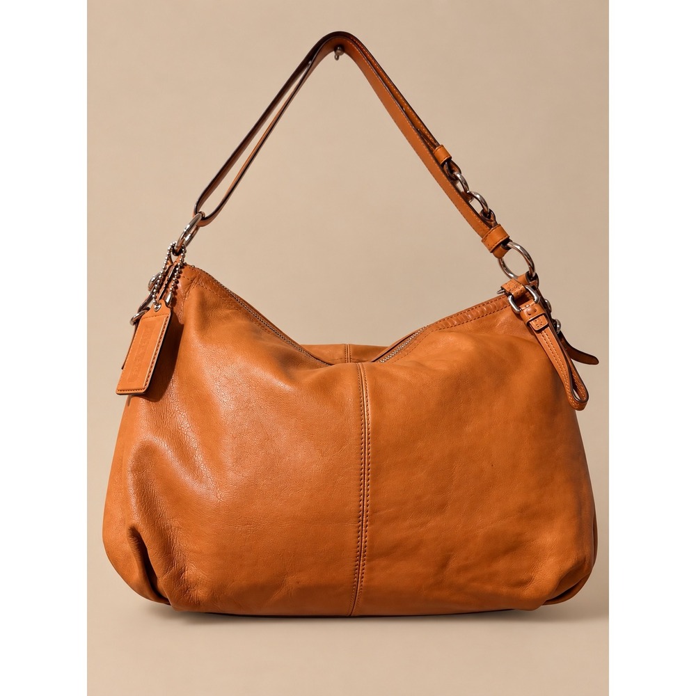 Coach Womens Shoulder Bag Medium Tan Leather Hobo Slouchy Zip Top Handbag